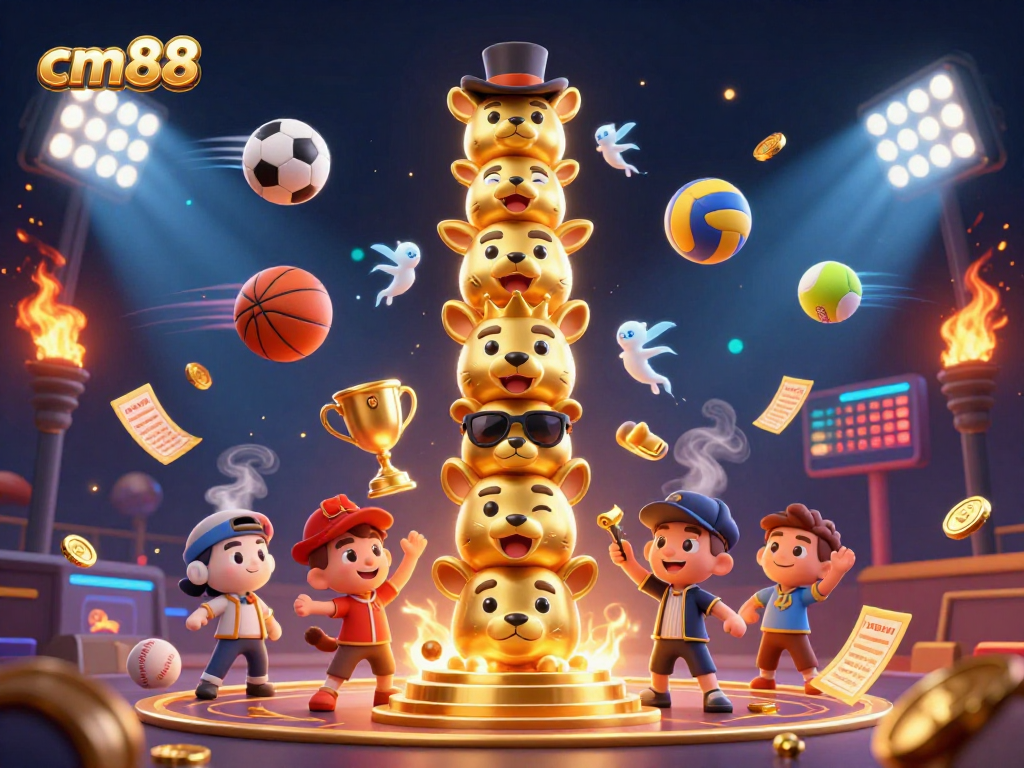 Experience thrilling sports action with cm88's dynamic casino scene featuring vibrant game elements and a golden totem.