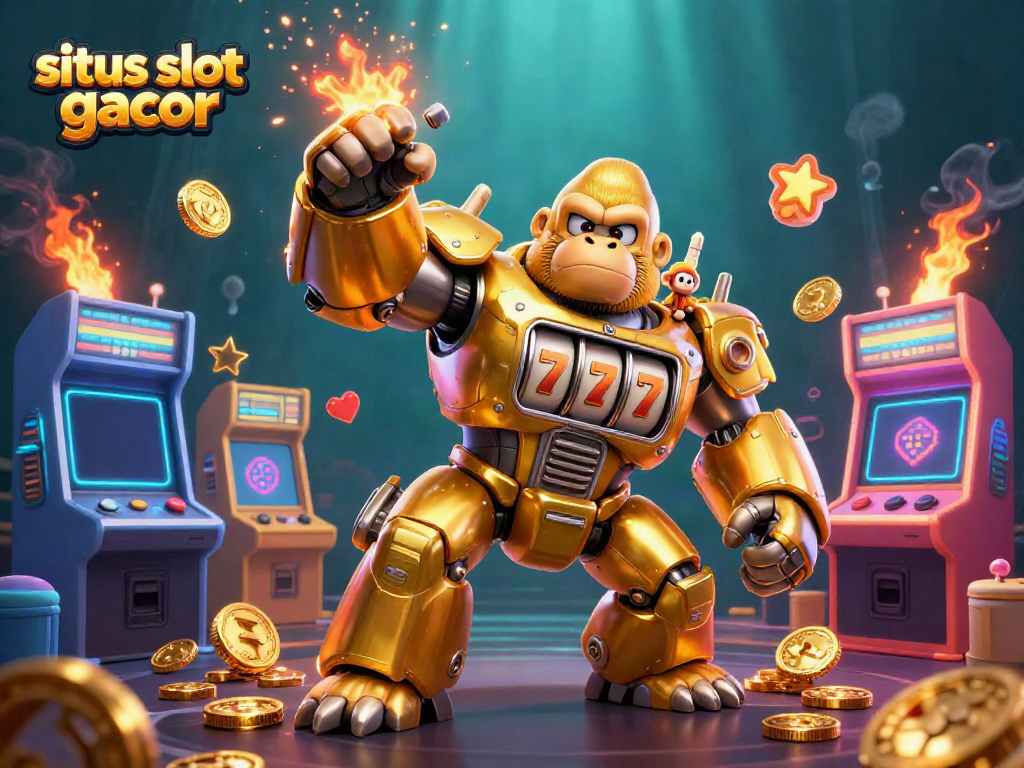 Gorila emas transformer dan mesin slot dalam ilustrasi situs slot gacor yang penuh warna dan detail.