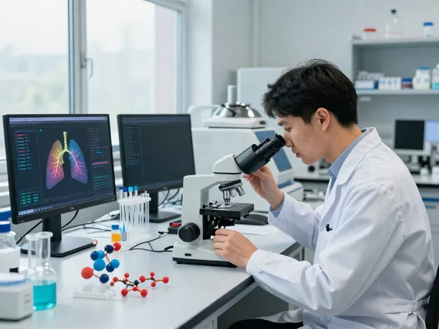Researcher analyzing bronchogen peptide samples in a modern lab setting, highlighting respiratory health innovation.