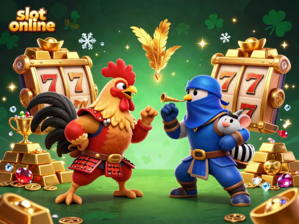 Spin the reels for slot online excitement featuring a dramatic rooster duel amidst treasures and gems.