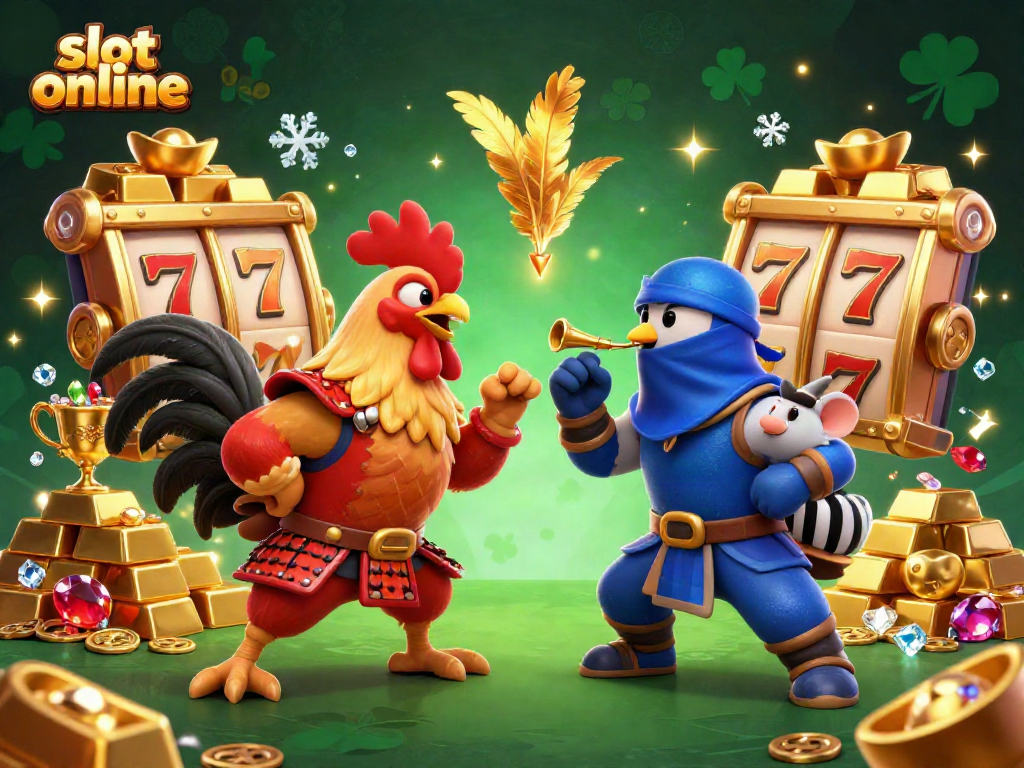 Spin the reels for slot online excitement featuring a dramatic rooster duel amidst treasures and gems.