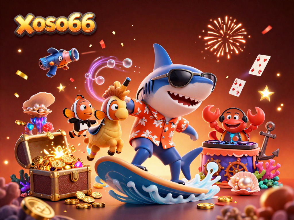 Catch big wins at xoso66 with a lively underwater casino scene featuring a shark and treasure.