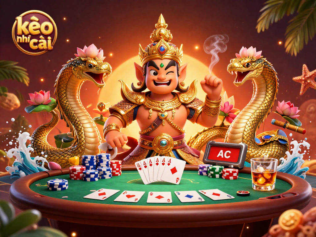 Engage with kèo nhà cái featuring a vibrant 3D scene of casino guardians with poker elements and festive details.
