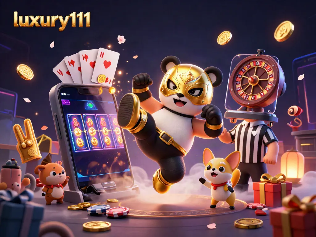 Experience the excitement of luxury111 with a panda wrestler, energetic crowd, and vibrant casino elements.
