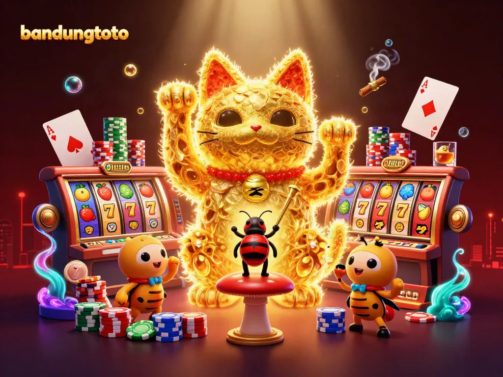 Engage with bandungtoto's vibrant slot experience featuring lucky symbols and an energetic lucky cat.