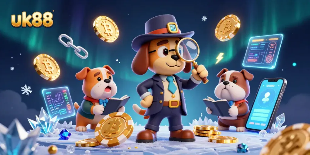 Explore exciting treasures at uk88 with a detective uncovering poker chips and crypto elements.