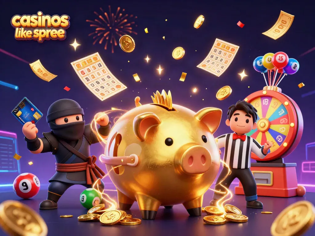 Engage with casinos like spree in a thrilling 3D illustration showcasing winning moments and vibrant game elements.