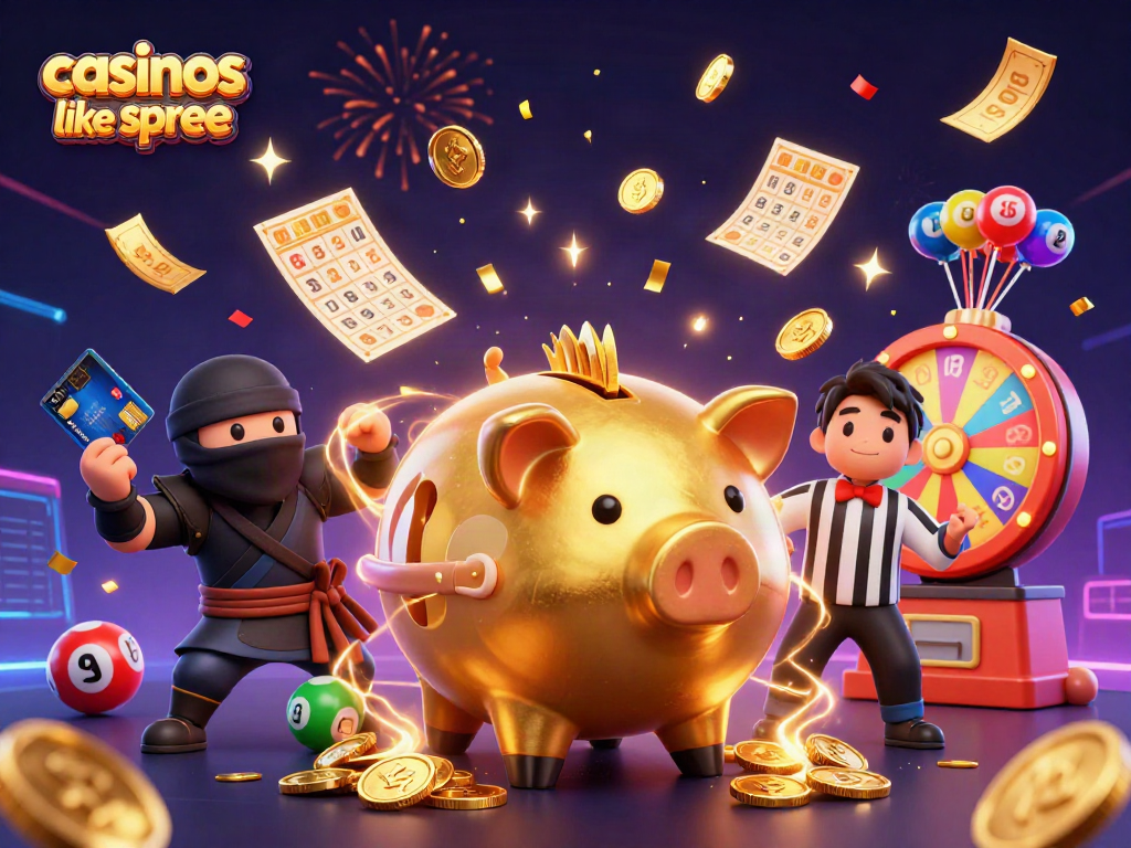 Engage with casinos like spree in a thrilling 3D illustration showcasing winning moments and vibrant game elements.