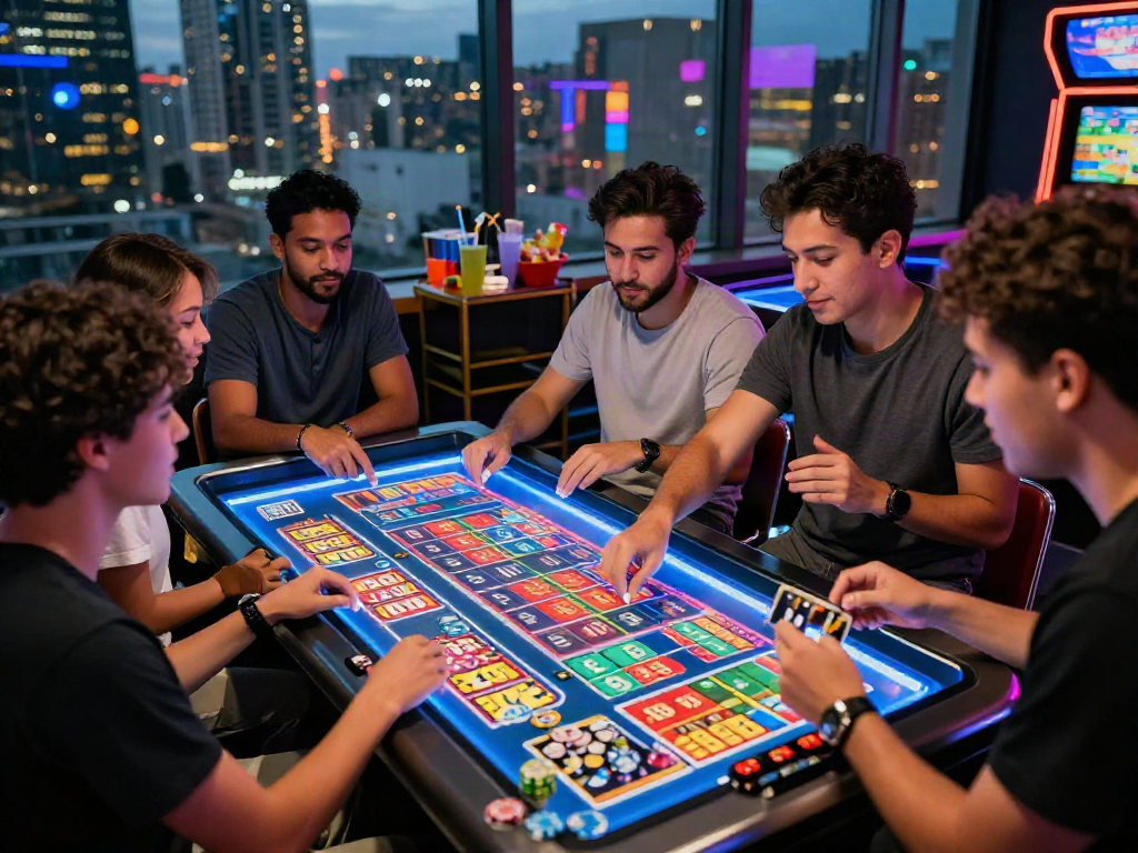 Suasana perjudian toto togel yang dinamis dengan kelompok teman di meja permainan yang bersinar.