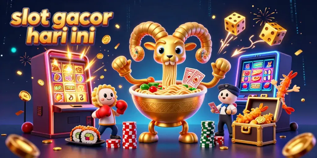 Experience the excitement of slot gacor hari ini with a vibrant 3D illustration full of dynamic casino elements and characters.