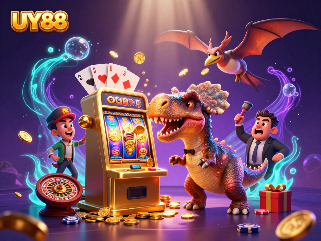 Experience the excitement of UY88 as a pachycephalosaurus interacts with a golden slot machine for jackpot rewards.