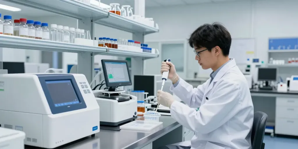 Exploring online peptides in a modern research lab with precise measurements and advanced equipment.