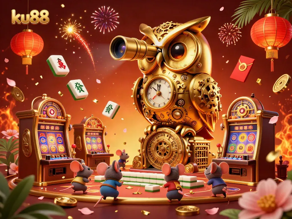 Engage in thrilling gameplay at ku88 with a cartoon owl overseeing a bustling casino environment filled with slot machines.