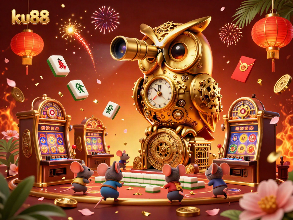 Engage in thrilling gameplay at ku88 with a cartoon owl overseeing a bustling casino environment filled with slot machines.