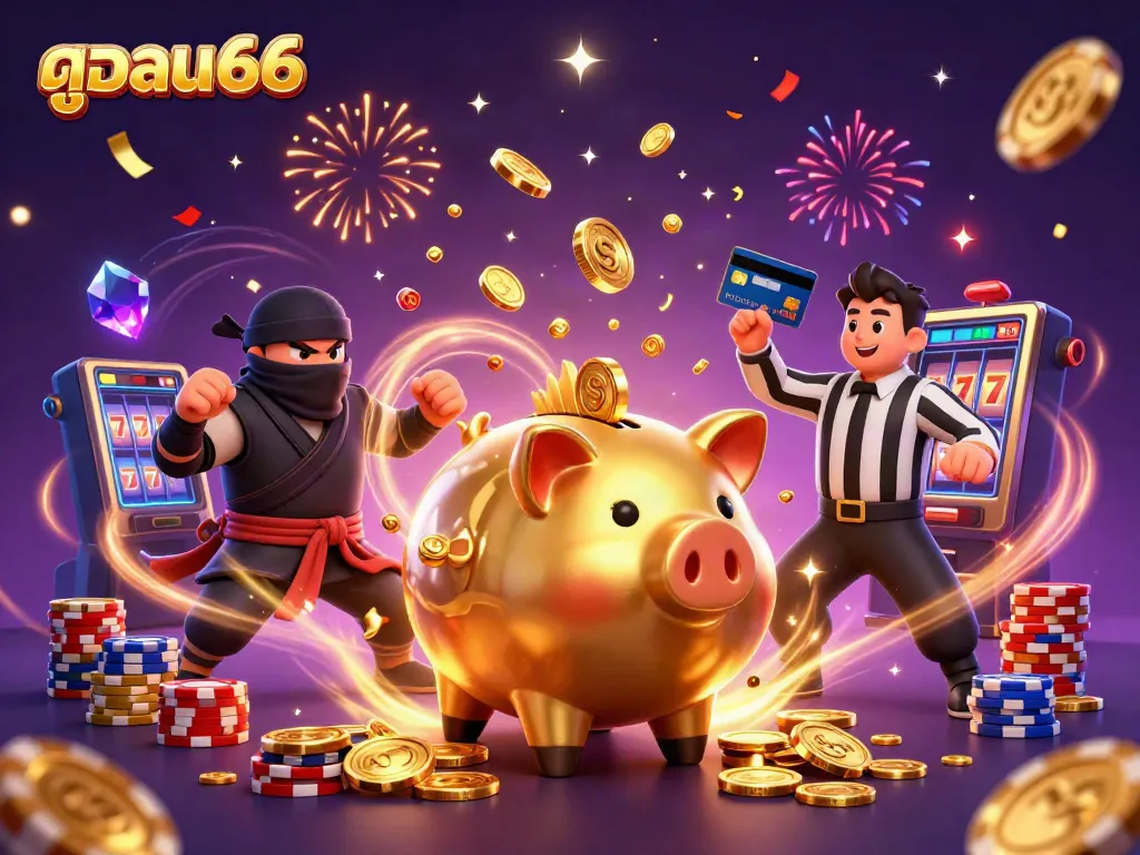 Experience thrilling bets and winnings with ดูบอล66 in this vibrant 3D illustration featuring energetic casino characters.