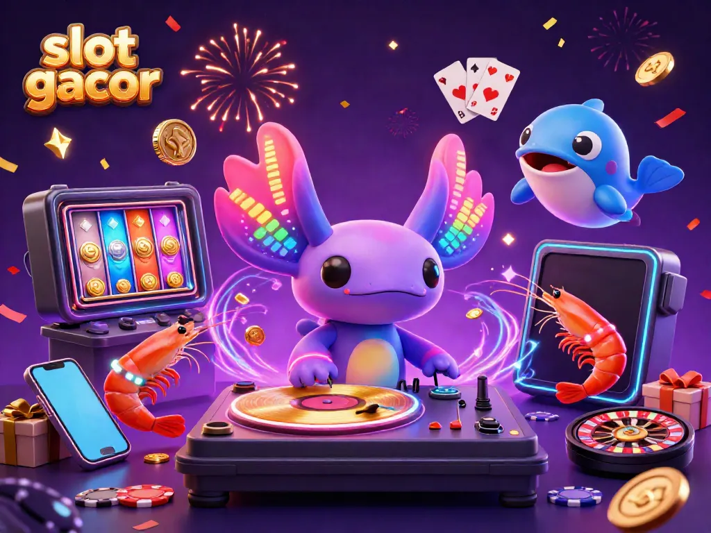 Slot gacor-inspired 3D illustration showcasing a vibrant underwater casino scene with a DJ and animated sea creatures.