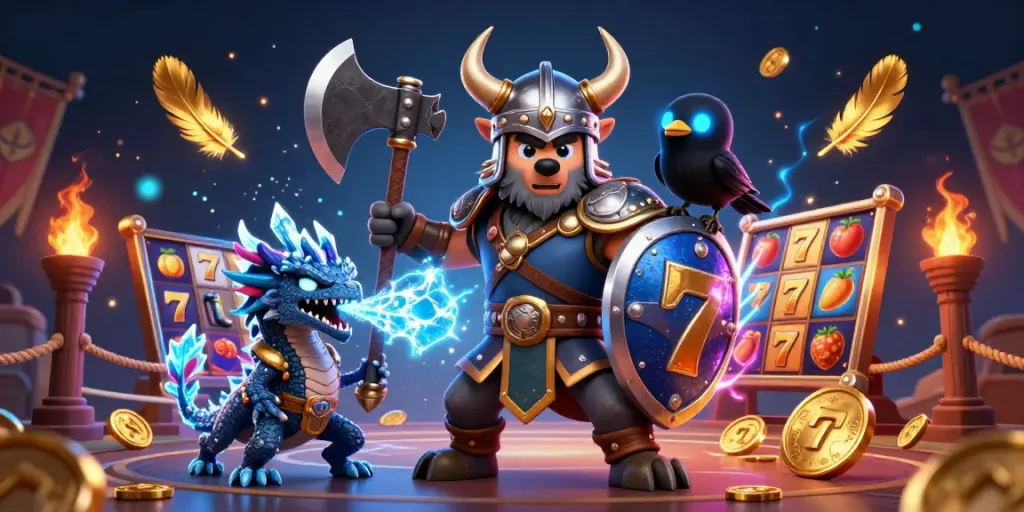 Experience exciting gameplay with BOLASLOT99, featuring a Viking wolf hero, fiery elements, and dynamic slot reels.