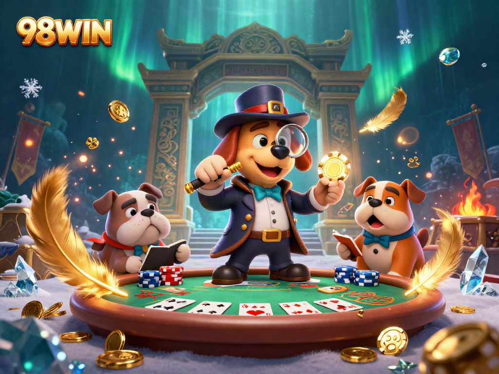 Embrace winning strategies with 98WIN in a vibrant, detailed casino adventure scene.