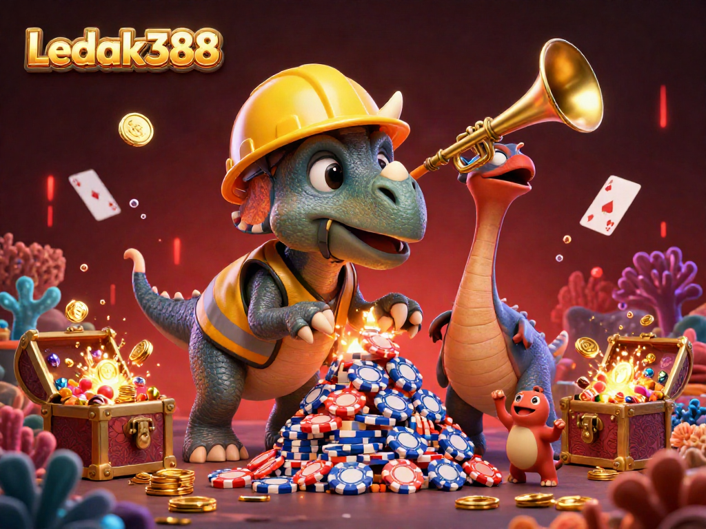 Experience excitement with Ledak388, where a triceratops builds poker chips in a vibrant casino scene.