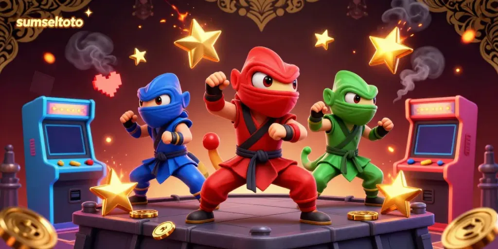 Sumseltoto showcases chameleon ninjas in martial arts poses amidst vibrant gaming elements.