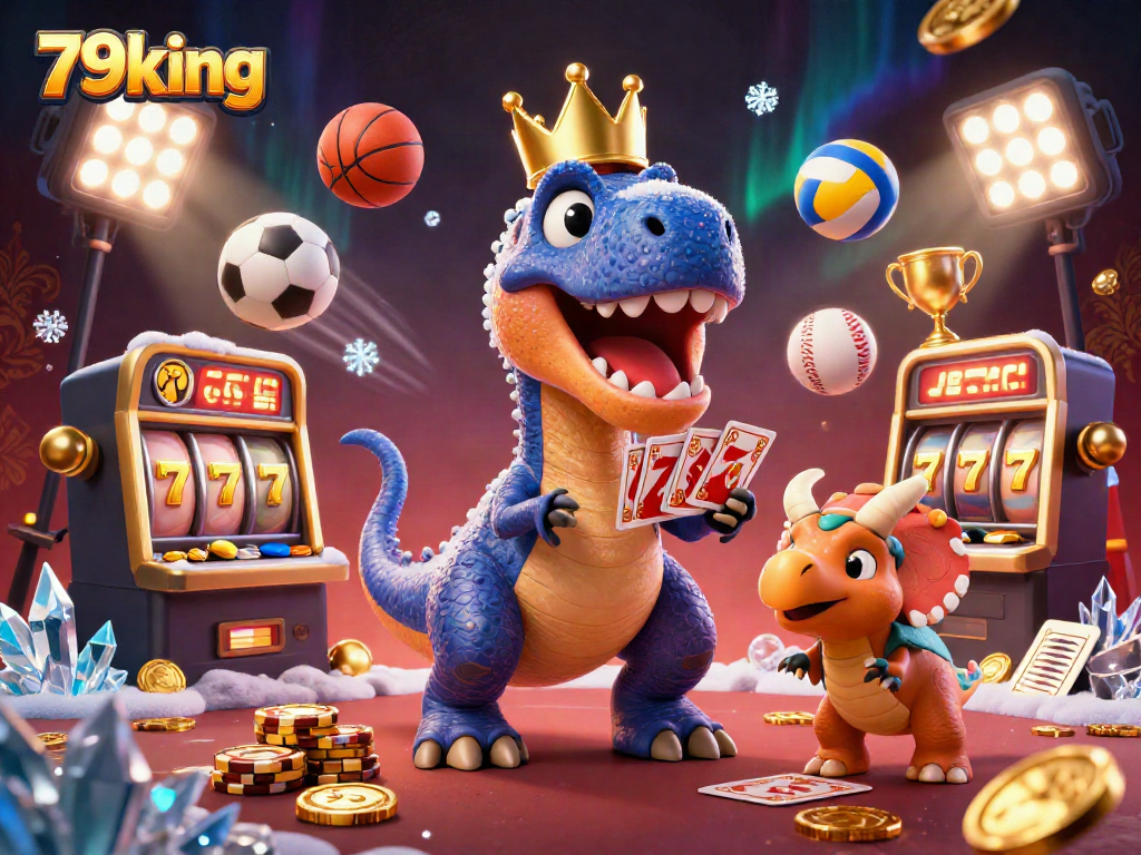 Experience thrilling moments with 79king as a T-Rex and friends engage in card games and casino excitement.