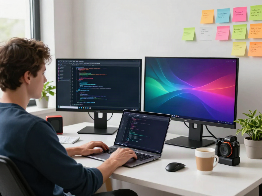 Brave browser developer coding at a modern tech workspace.