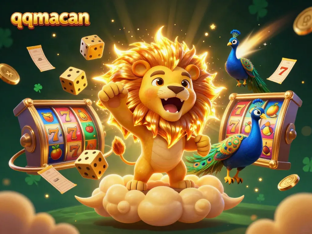 Engage with qqmacan's thrilling gaming experience as a golden lion roars amidst vibrant casino elements.