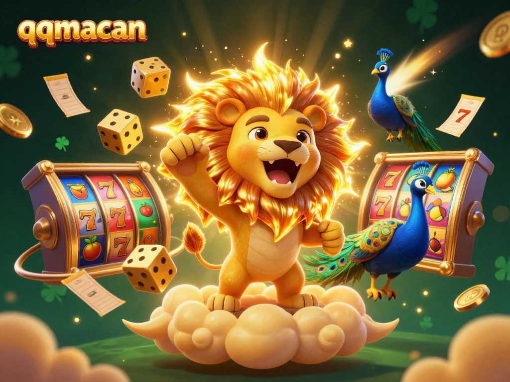 Engage with qqmacan's thrilling gaming experience as a golden lion roars amidst vibrant casino elements.