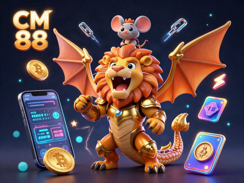 Engage in thrilling gaming adventures with CM 88, a vibrant casino scene featuring a roaring golden chimera and crypto-themed elements.