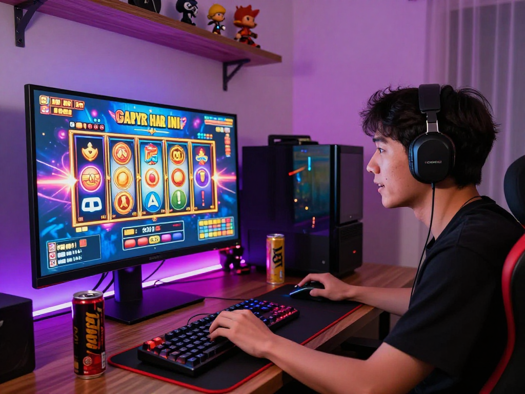 Experience the excitement of slot gacor hari ini in a vibrant gaming setup with colorful graphics and engaging atmosphere.