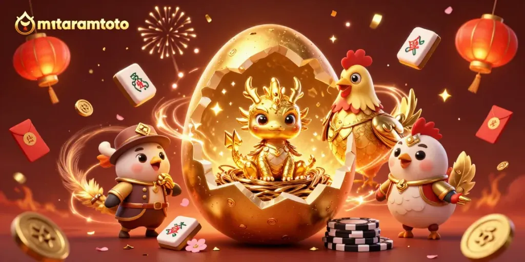 Experience winning moments with mataramtoto in a vibrant golden casino adventure scene featuring a baby dragon and poker chips.