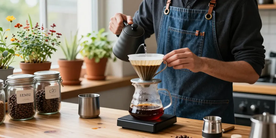 Pour-over coffee brewing with Ebb apron at www.ebbfilter.com, showcasing artisanal coffee lifestyle.