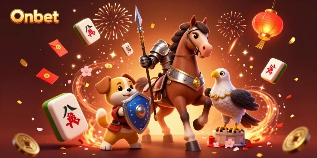 Experience the excitement of Onbet with a lively 3D casino scene featuring a knight, puppy, and falcon celebrating amidst vibrant elements.