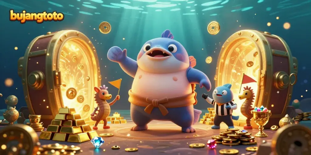 Bujangtoto gaming scene with a playful fugu, catfish referee, and treasure elements creating excitement.