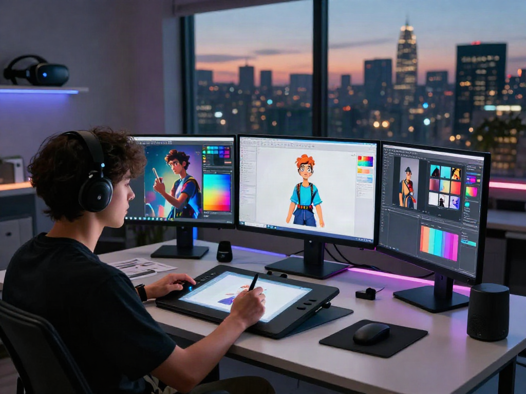 Creating character designs with AI tools in a vibrant digital art studio showcasing character ai nsfw elements