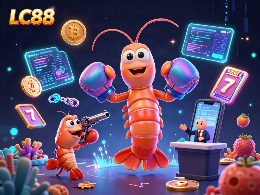 LC88 engages players in a vibrant casino scene with neon coins and thrilling slot elements.