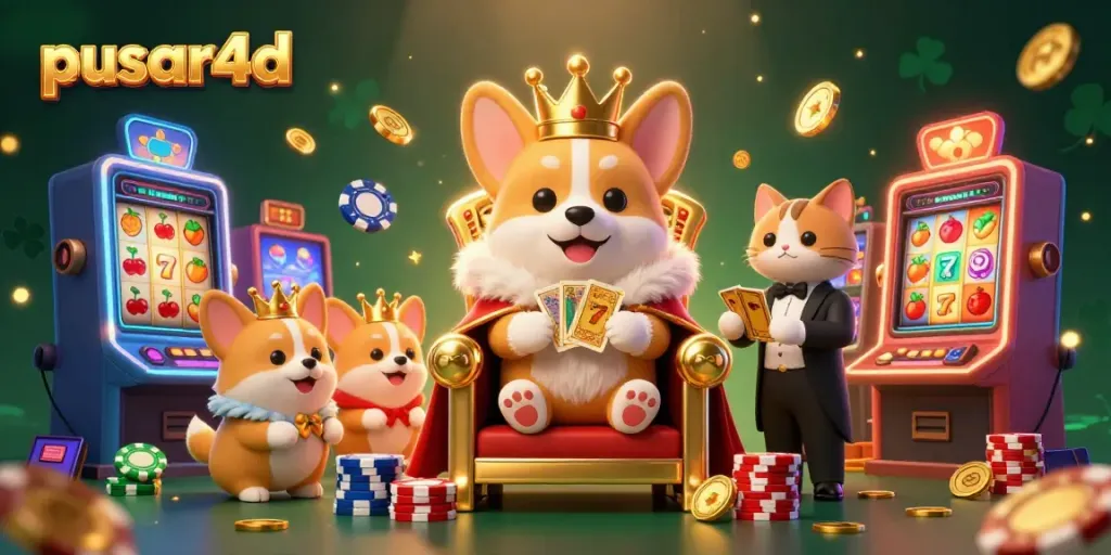 Experience the vibrant world of pusar4d with a royal corgi and gaming elements in a dazzling casino illustration.