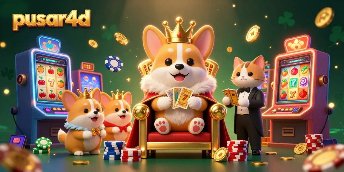 Experience the vibrant world of pusar4d with a royal corgi and gaming elements in a dazzling casino illustration.