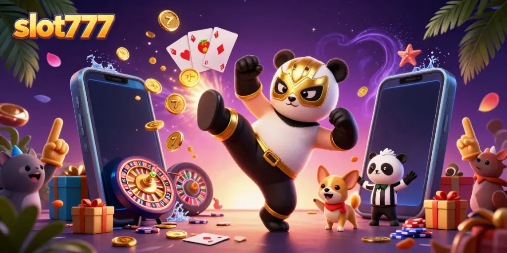 Experience the excitement of slot777 with a panda wrestler amidst thrilling slot game action.