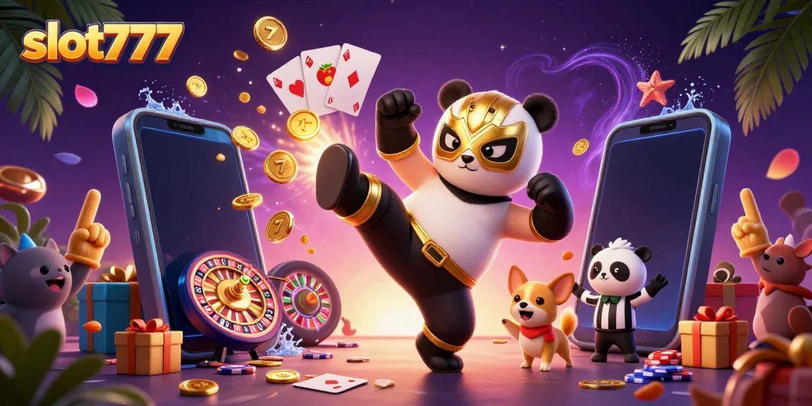 Experience the excitement of slot777 with a panda wrestler amidst thrilling slot game action.