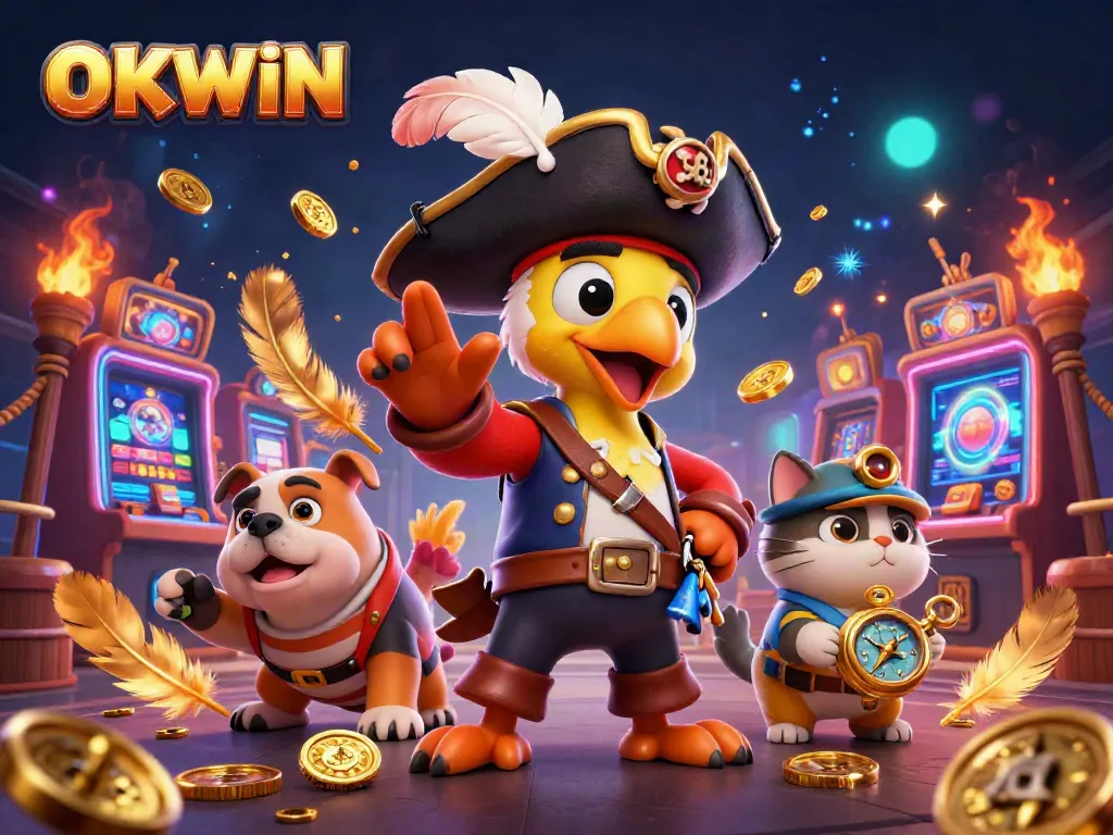 Engage in exciting gambling experiences at OKWIN with vibrant characters in a dynamic casino scene.