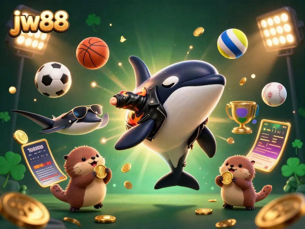 Engage with jw88's gaming universe featuring an orca and stingray amidst dynamic sports elements and gold coins.