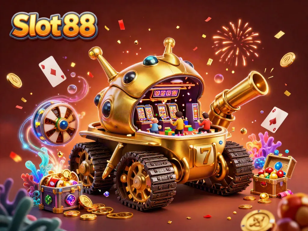 Experience thrilling gameplay on Slot 88 with a vibrant illustration of a golden beetle tank casino.