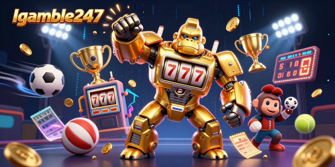 Igamble247 showcases a thrilling 3D illustration of a golden gorilla mech and sports elements, highlighting gambling excitement.