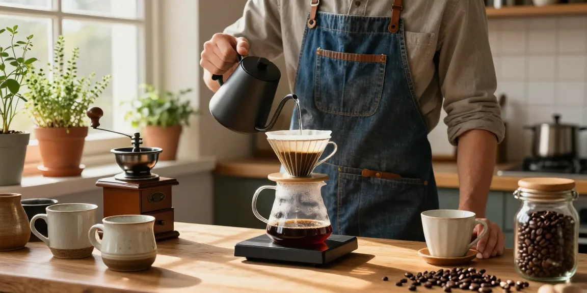 Brewing delicious coffee with sustainable aprons from www.ebbfilter.com in a cozy kitchen.