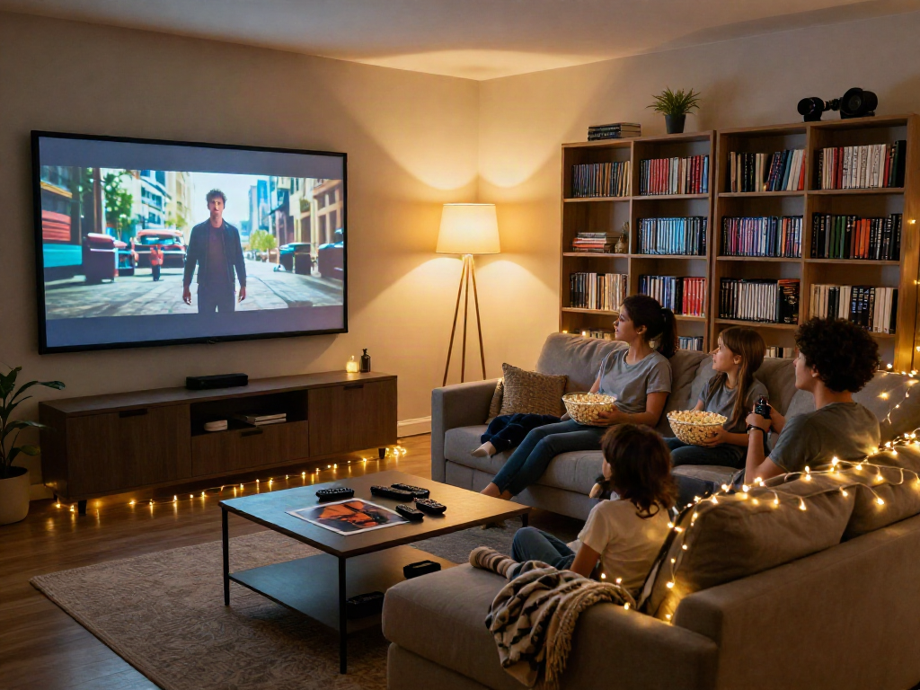 Family enjoying Moviebox movie night in a cozy living room with popcorn and ambient lighting.