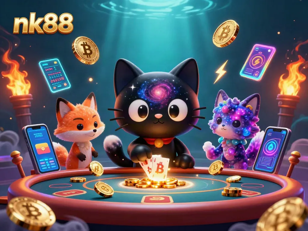 Engage with nk88 as a cartoon black hole cat and nebula fox at a cosmic casino.
