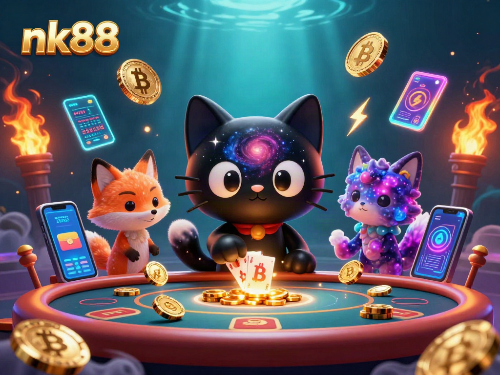 Engage with nk88 as a cartoon black hole cat and nebula fox at a cosmic casino.