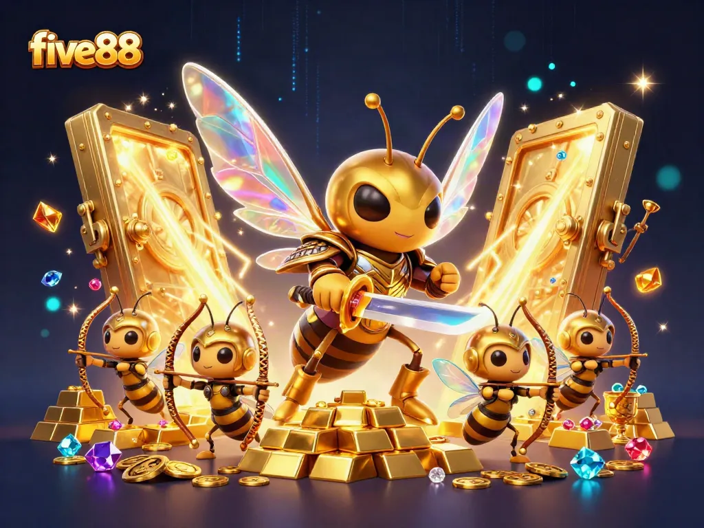 Engage in thrilling casino adventures with five88's vibrant 3D illustration featuring treasure and dynamic characters.