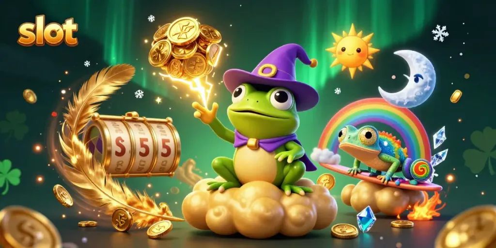 Spin and win with exciting slot gameplay in a vibrant digital casino scene filled with fun characters.